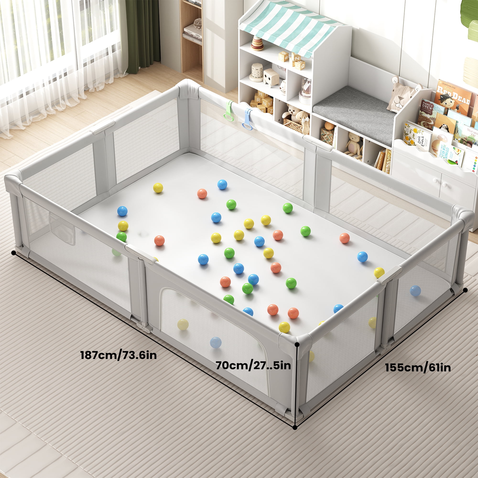 73“×61” Baby Playpen with Mat, Extra Large Baby PlayYards,Child Play Yard with Breathable Mesh for Indoor&Outdoor, Light Gray