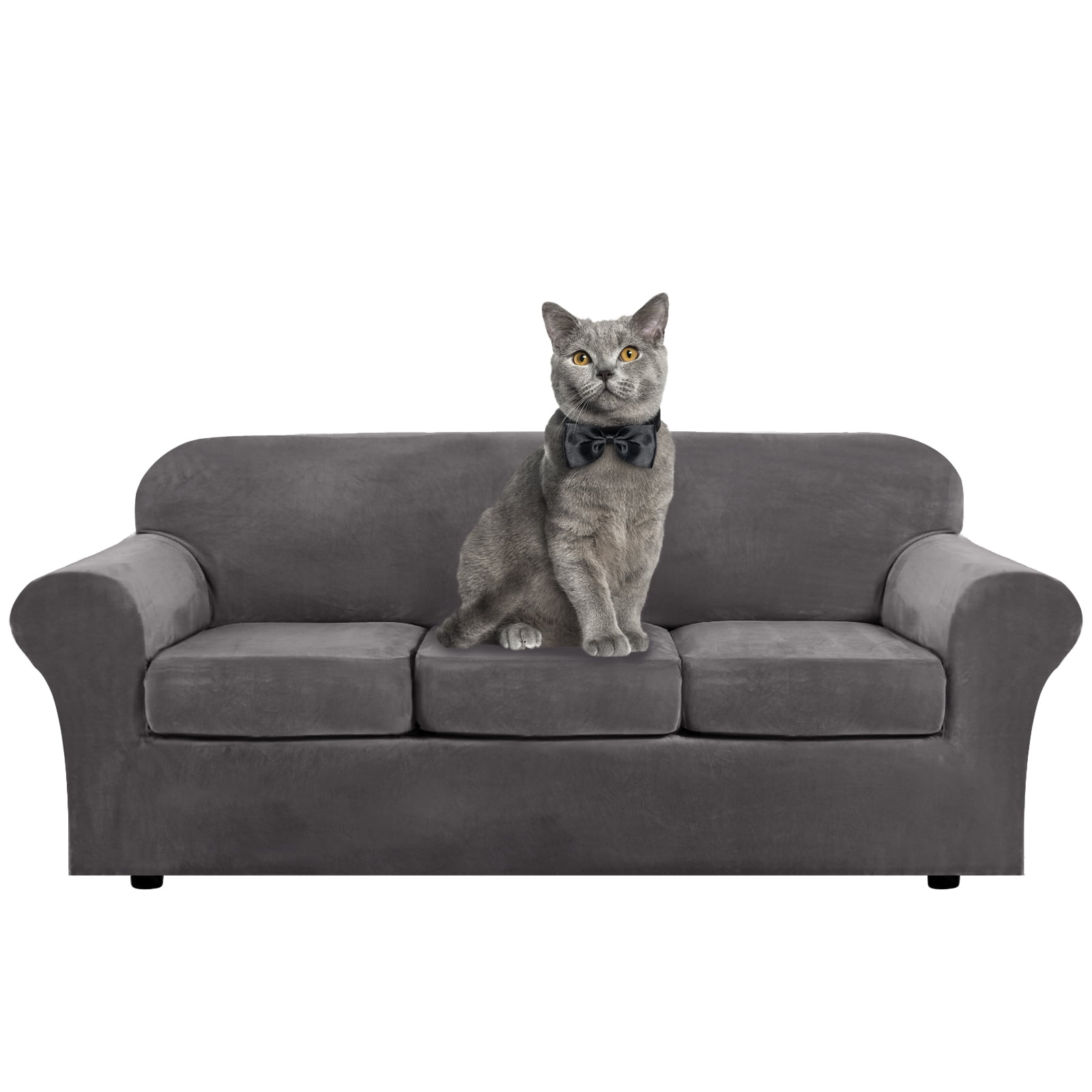 Topchances Velvet Plush 4 Piece Stretch Sofa Covers Couch Covers for 3 Cushion Couch 3 Seater Covers (Base Cover Plus 3 Individual Cushion Covers) Feature Thick Soft Stay in Place