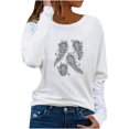 thumbnail image 1 of Blusa de manga larga con estampado de diamantes de imitación informal para mujer, blusas de cuello redondo, camisas Pompotops FGAJ11570, 1 of 7