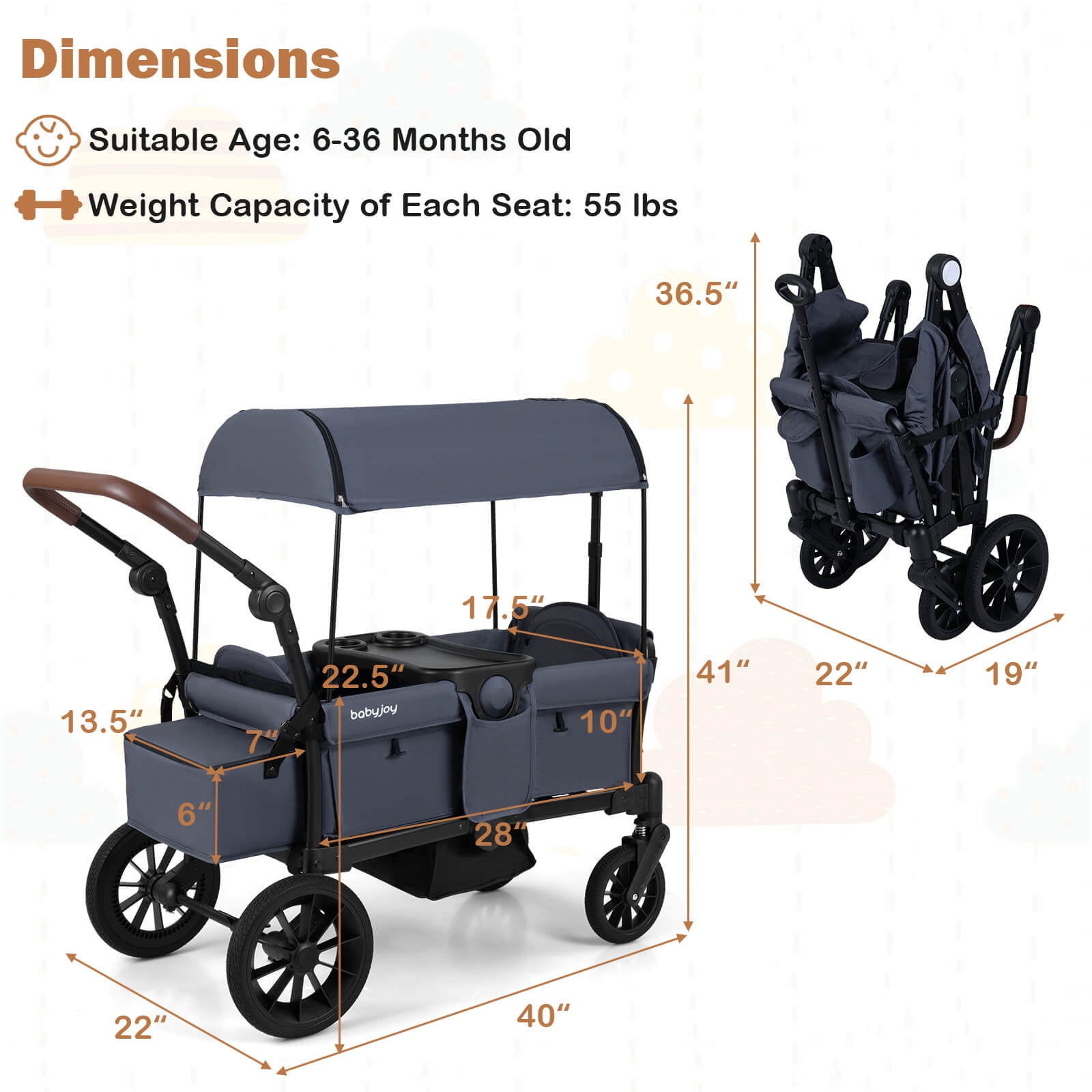 Infans Foldable Wagon Stroller for 2 Kids, Double Seater Toddler Stroller w/ Canopy
