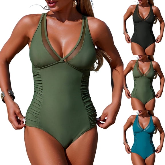 zaveiop Women's Tummy Control Swimsuits Mesh Sexy One Piece Bathing Suits Slimming V Neck Swimwear (Green, S)