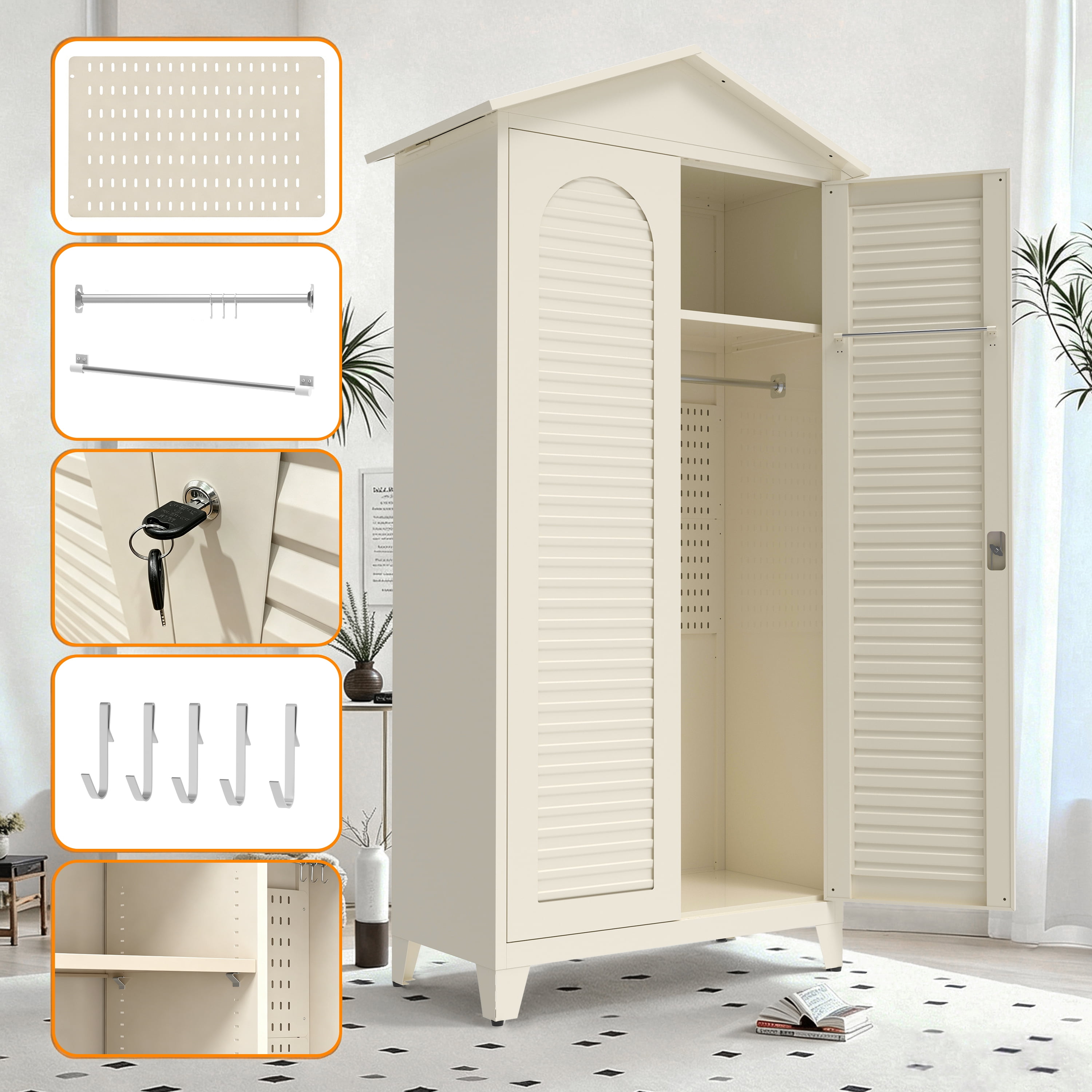 AISWORD 79" Tall Metal Outdoor Storage Cabinet, Heavy-Duty Waterproof Garden Sheds & Outdoor Storage with Lock, Tool Storage Cabinet & Broom Closet for Garage, Patio, Beige