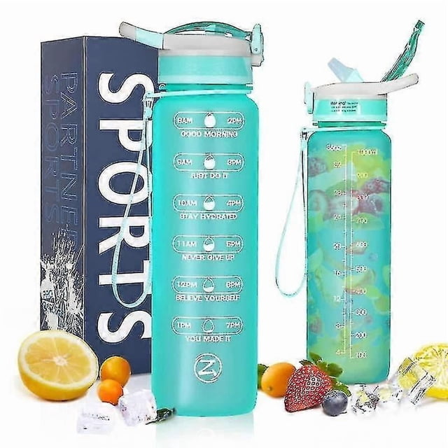 (Green1)Motivational water bottle with time marker,leakproof sports water bottle bpa free,fruit