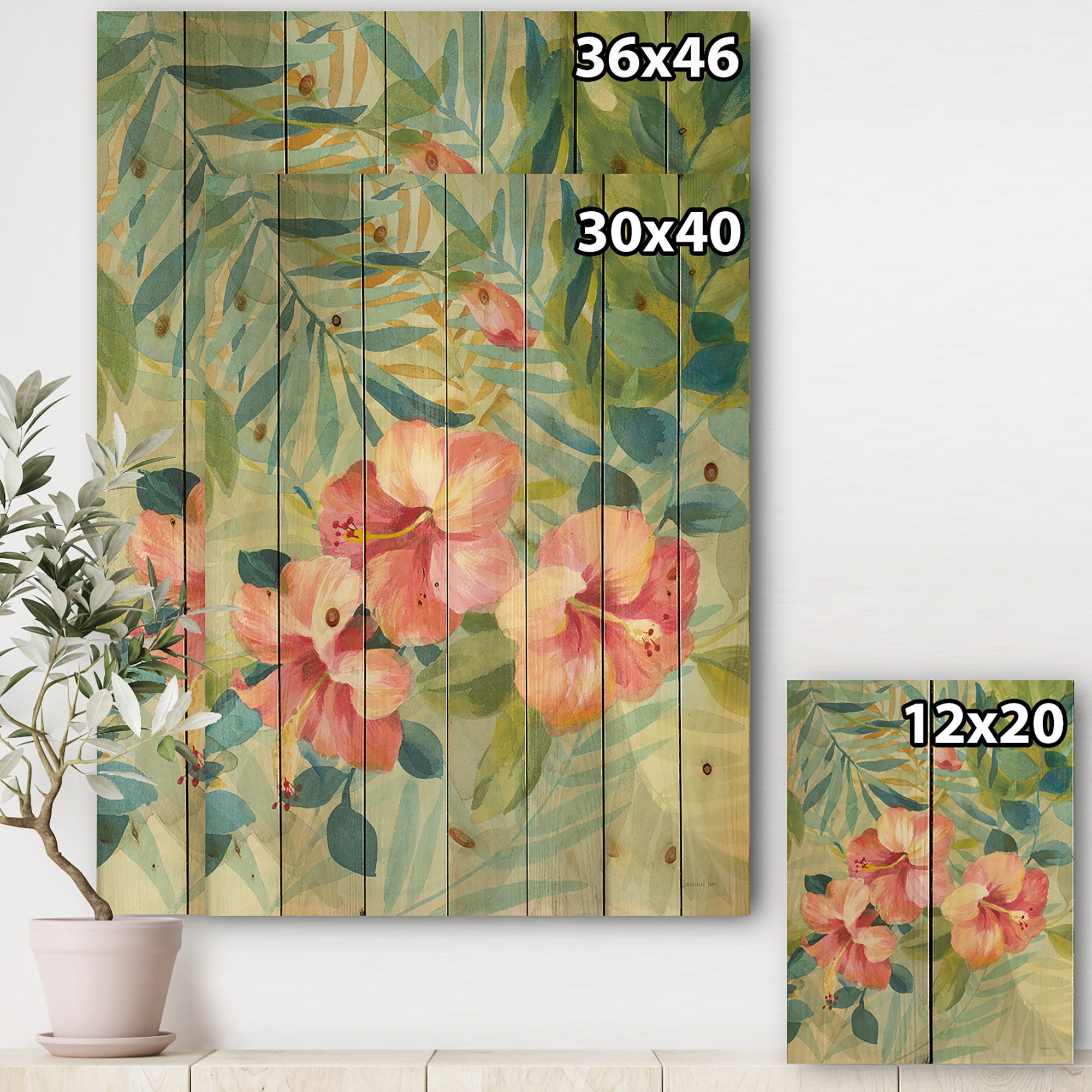 Designart 'Hibiscus Floral Garden III' Traditional Print on Natural Pine Wood