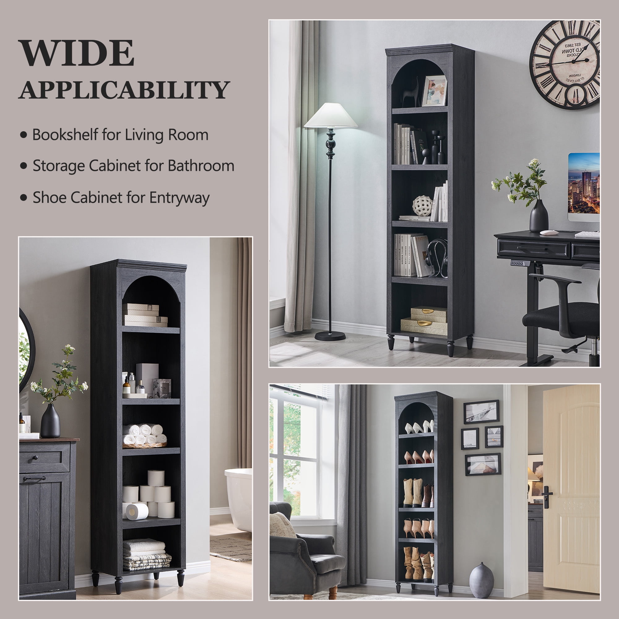 SinCiDo Arched Bathroom Storage Cabinet with Adjustable Shelves, 5-Tier Narrow Bathroom Cabinet for Bathroom, Kitchen, Living Room, Grey