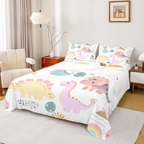 Feelyou Funny Jungle Dino Twin Sheet Sets for Teens, Cute Cartoon Dinosaur Twin Fitted Sheet, Animal Theme Flat Sheet, Breathable Home Decor, 3 Pieces