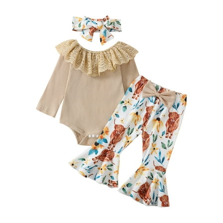 

Baby Girl 2Pcs Floral Off Shoulder Ruffle Romper Tops+ Flared Pants Bell Bottoms Jeans Clothing Set