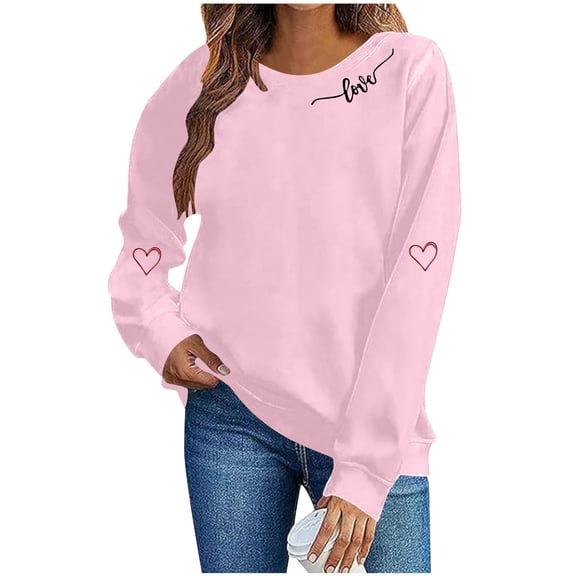 Valentine Outfits for Women Love Print Long Sleeve Shirt Round Neck Casual Solid Color Top Valentines Day Long Sleeve Shirts Spring Fashion 2026