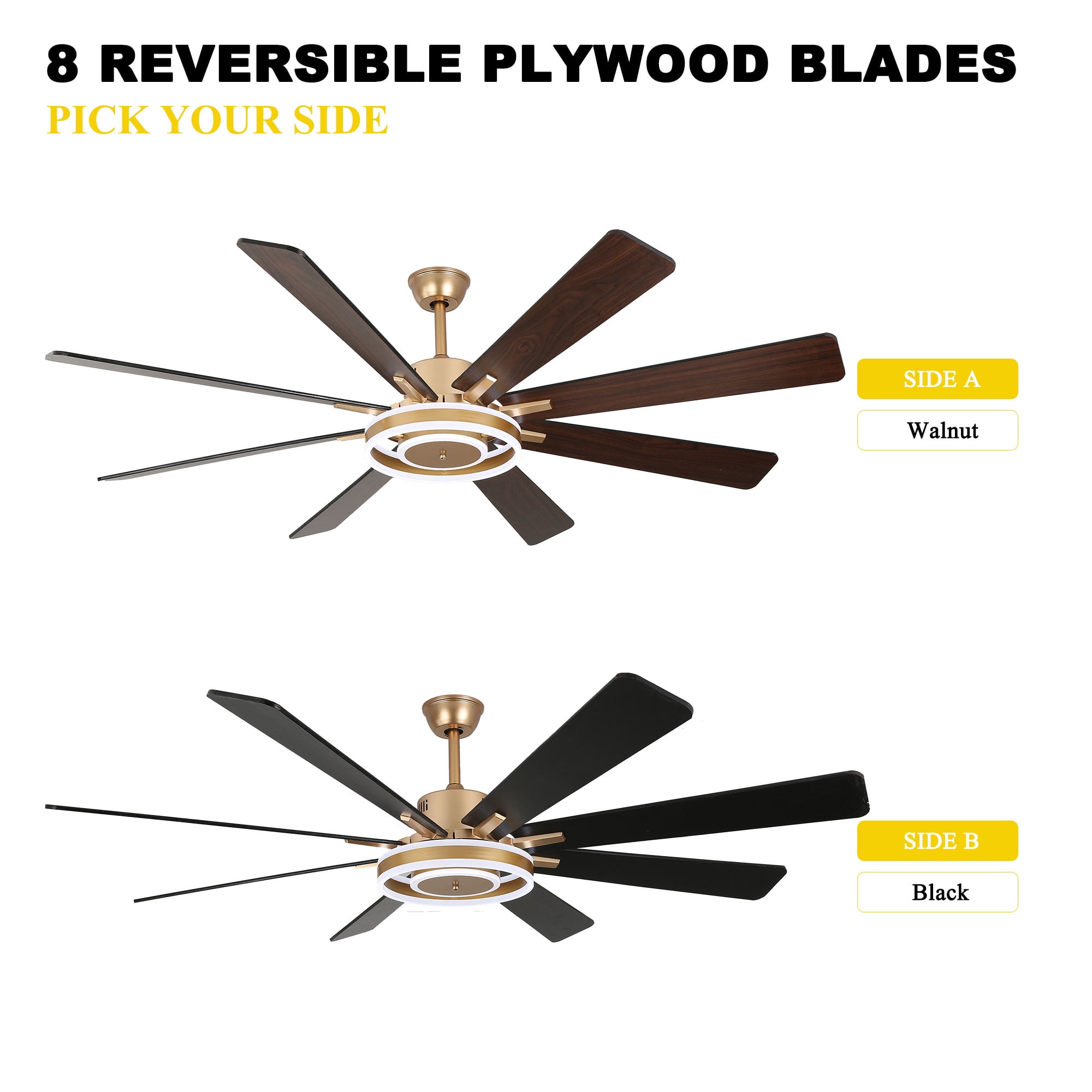 Chords Attic 72" Reversible 8-Blade Ceiling Fan with LED Lights, Remote 3-Color, 6-Speed and Timer