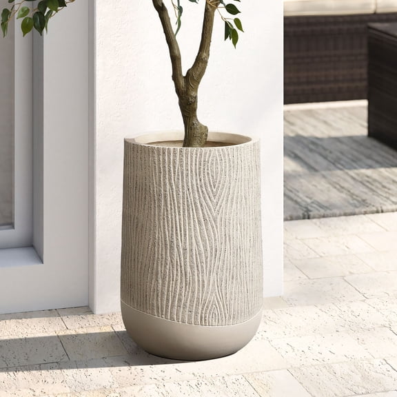 LuxenHome Wood‑Look Textured MgO Planter, 19" Tall Beige Decorative Garden Pot, Indoor & Outdoor