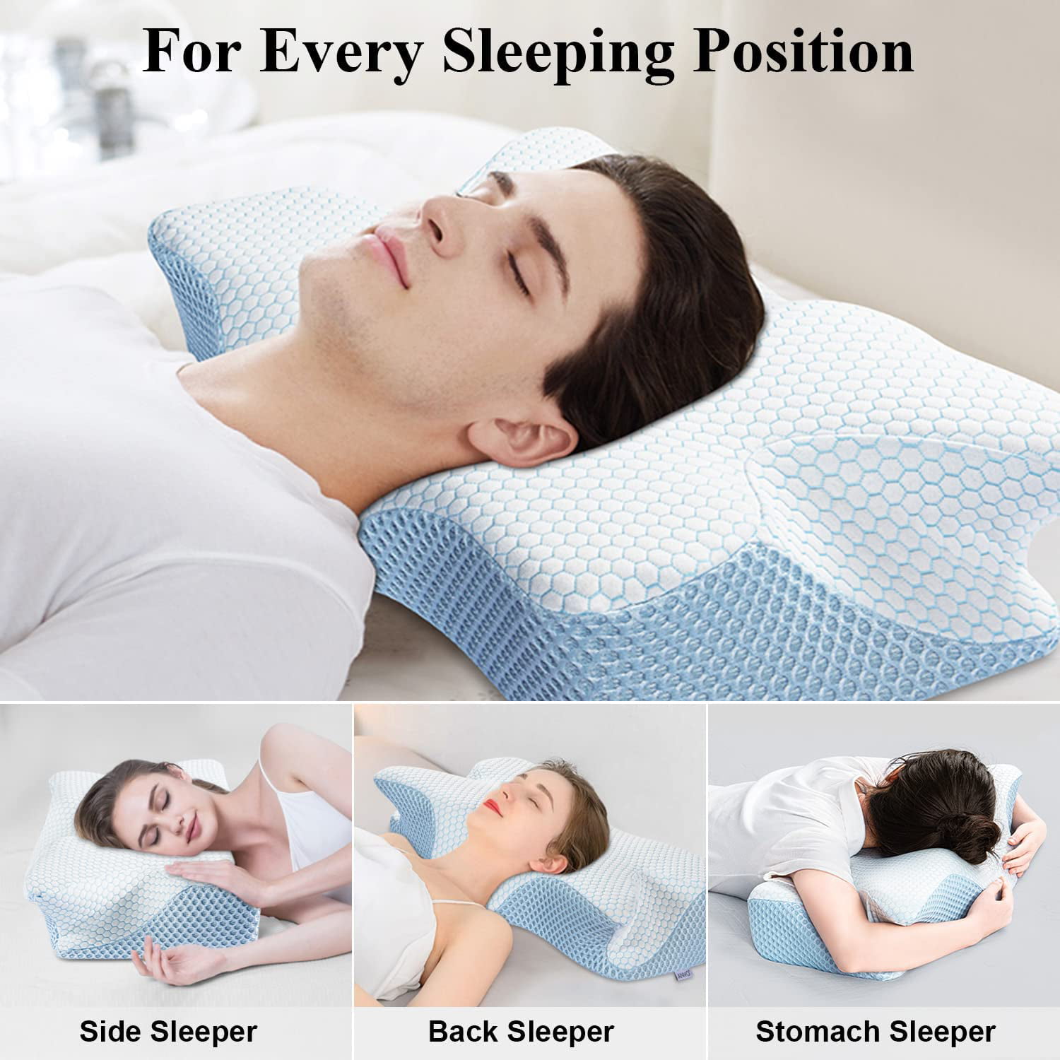 Blue Side Sleeper Cervical Pillows for Neck Pain Adjustable Orthopedic Neck Pillow for Back Stomach Ergonomic Bed Pillows for Sleeping Anvo Memory Foam Pillow Queen