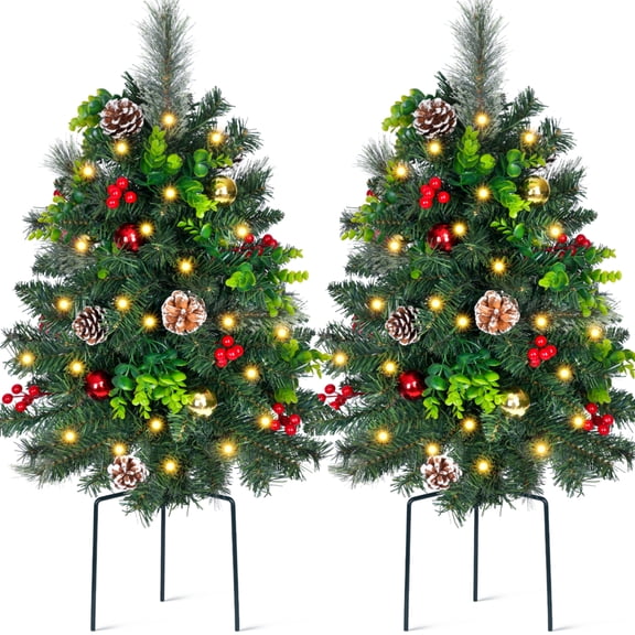 Firstness 2Pcs Pre-Lit Pathway Christmas Trees, 2.5Ft Outdoor Small Xmas Trees for Yard, Garden & Walkway