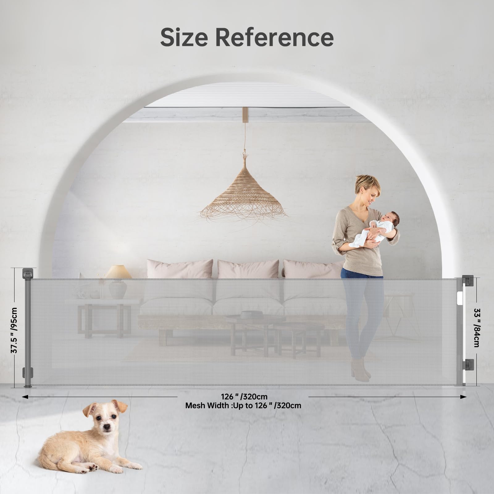 Sunnycome Retractable Baby Gate,Mesh Dog Gate,126" Wide Extends up to 33"Tall,Child Safety Gate for Doorways,Stairs,Hallways,Indoor Outdoor Gray