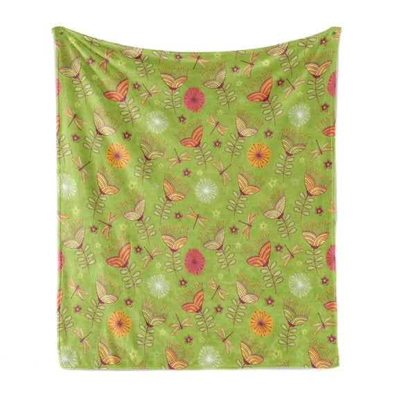 Dragonfly Soft Flannel Fleece Throw Blanket, Bluebell Flower Motifs with Peony Funky Fashioned Boho Retro Pattern Print, Cozy Plush for Indoor and Outdoor Use, 50" x 70", Green Pink, by Ambesonne