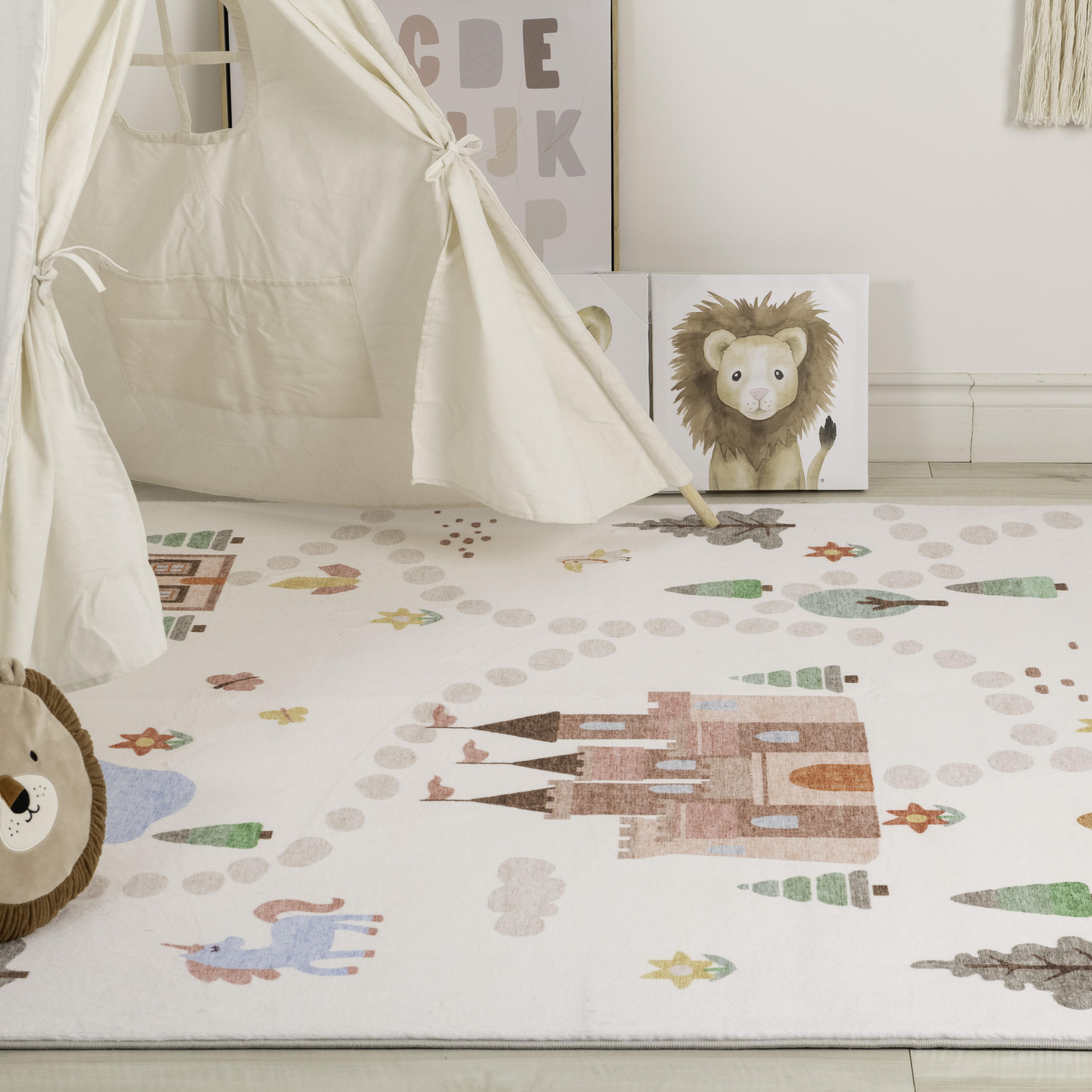 Rug Branch Soft Steps Playtime Licornes, Chateau, Carte routiere, Tapis educatif doux, Blanc Bleu - Garcons et filles dans la salle de jeux, la creche, la chambre