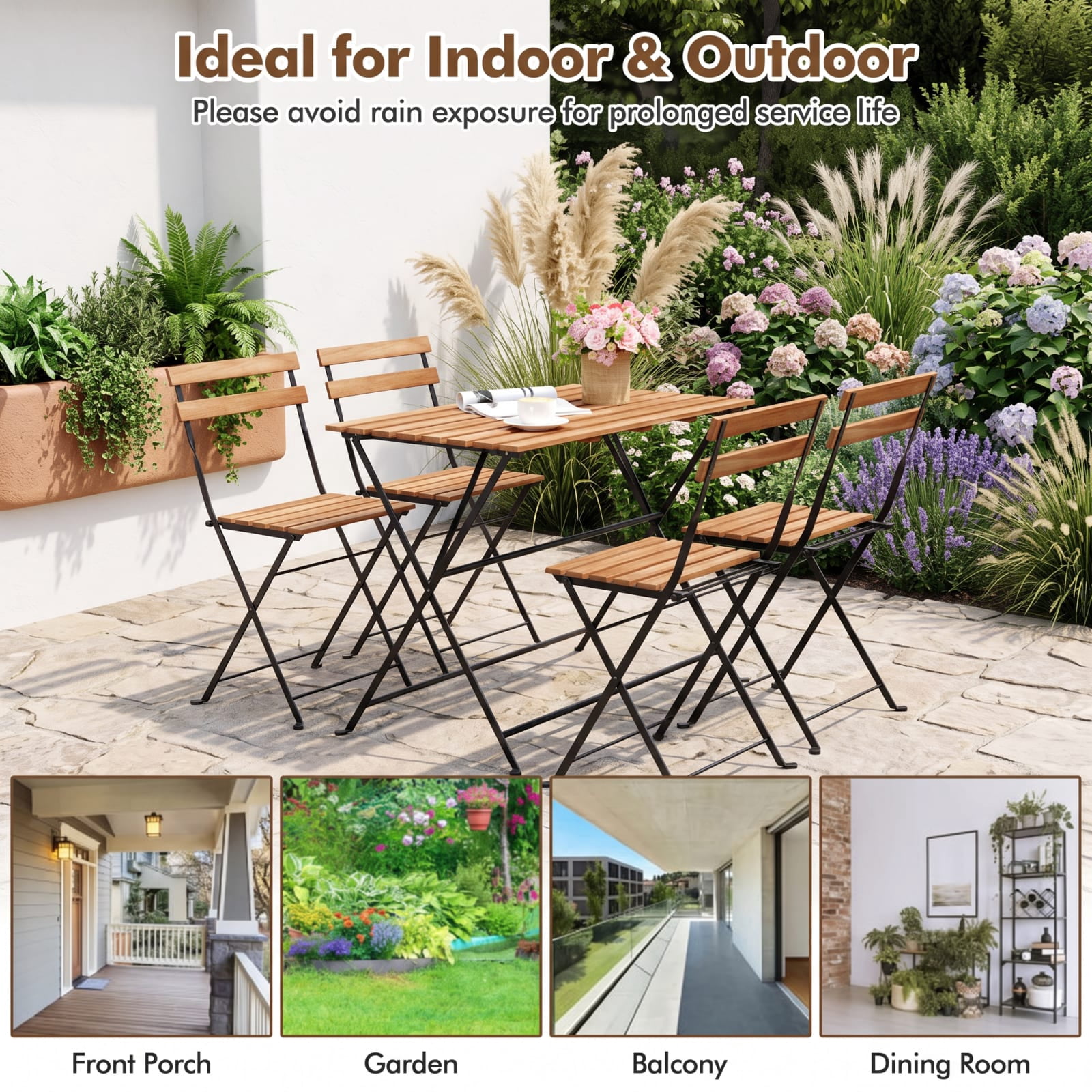 Furnibear 5 Piece Patio Dining Set, Acacia Wood Outdoor Furniture with 4 Folding Chairs and Dining Table for Garden Deck, Black and Brown