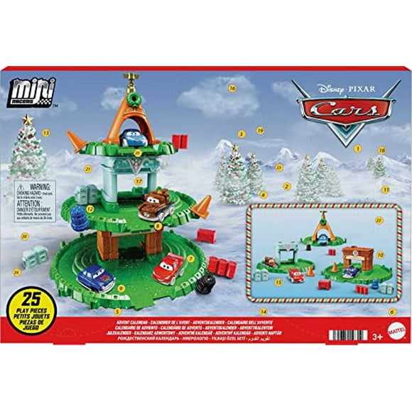 Disney et Pixar Cars Mini Calendrier de l'Avent des Coureurs, 25 Surprises Incluent 4 Mini Jouets Cars & Ensemble de Jeu Reconfigurable