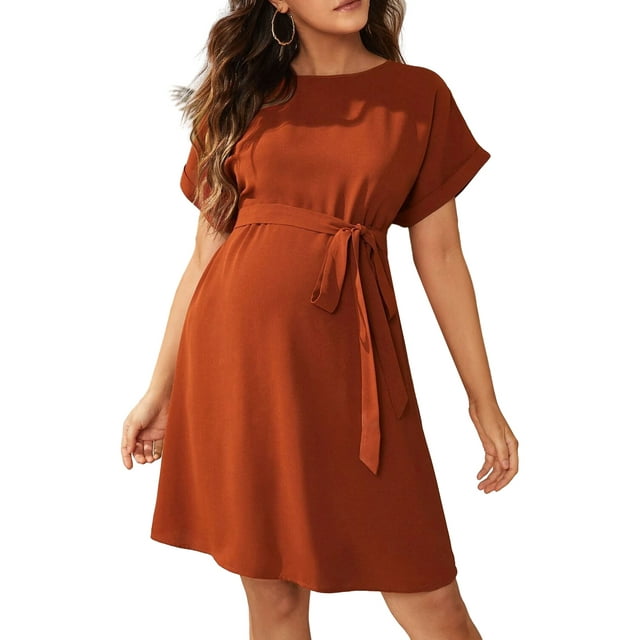 xiaxaixu Robe de Grossesse pour Femmes Robes d'Été Décontractées Manches Courtes Col Rond Robe de Baby Shower avec Ceinture