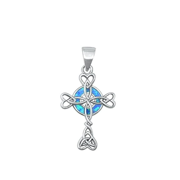 Sterling Silver Celtic Heart Cross Blue Simulated Opal Pendant Charm Jewelry Female Unisex