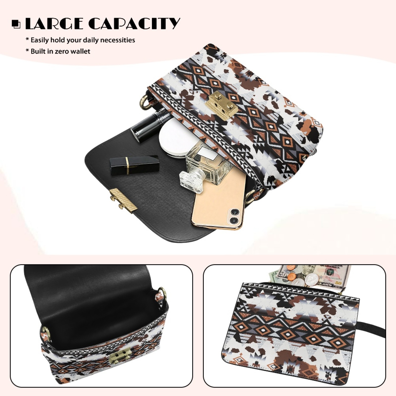 SCRAWLGOD American Tribal Cow Print White Brown Crossbody Bags for Women Crossbody Purse PU Leather Handbags Shoulder Bag Cell Phone Purse with Chain Strap