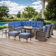 thumbnail image 2 of PARKWELL 8-Piece Outdoor Sectional Furniture Set with Fire Pit Table,Patio Wicker L Shaped Couch High Back Conversation Set with Swivel Glider for Garden Yard,Brown Wicker Navy Cushion, 2 of 13