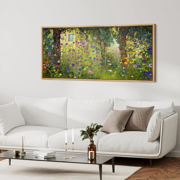 IDEA4WALL Extra Large Framed Canvas Print Wall Art Enchanted Garden Colorful Flower Field Vintage Inspired Antique Retro Fine Art Watercolor Decorative Relax/Calm for Rooms Decor - 60"x30"