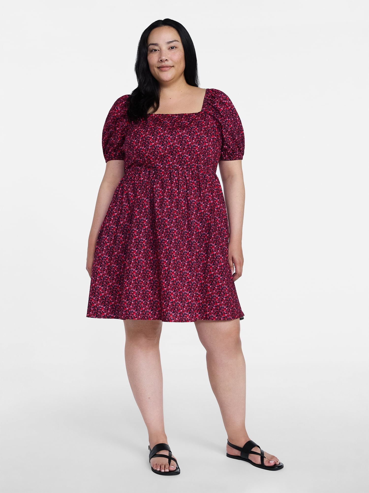 Time and Tru Women's and Women's Plus Tie Back Mini Dress with Puff Sleeves, Sizes XS-4X