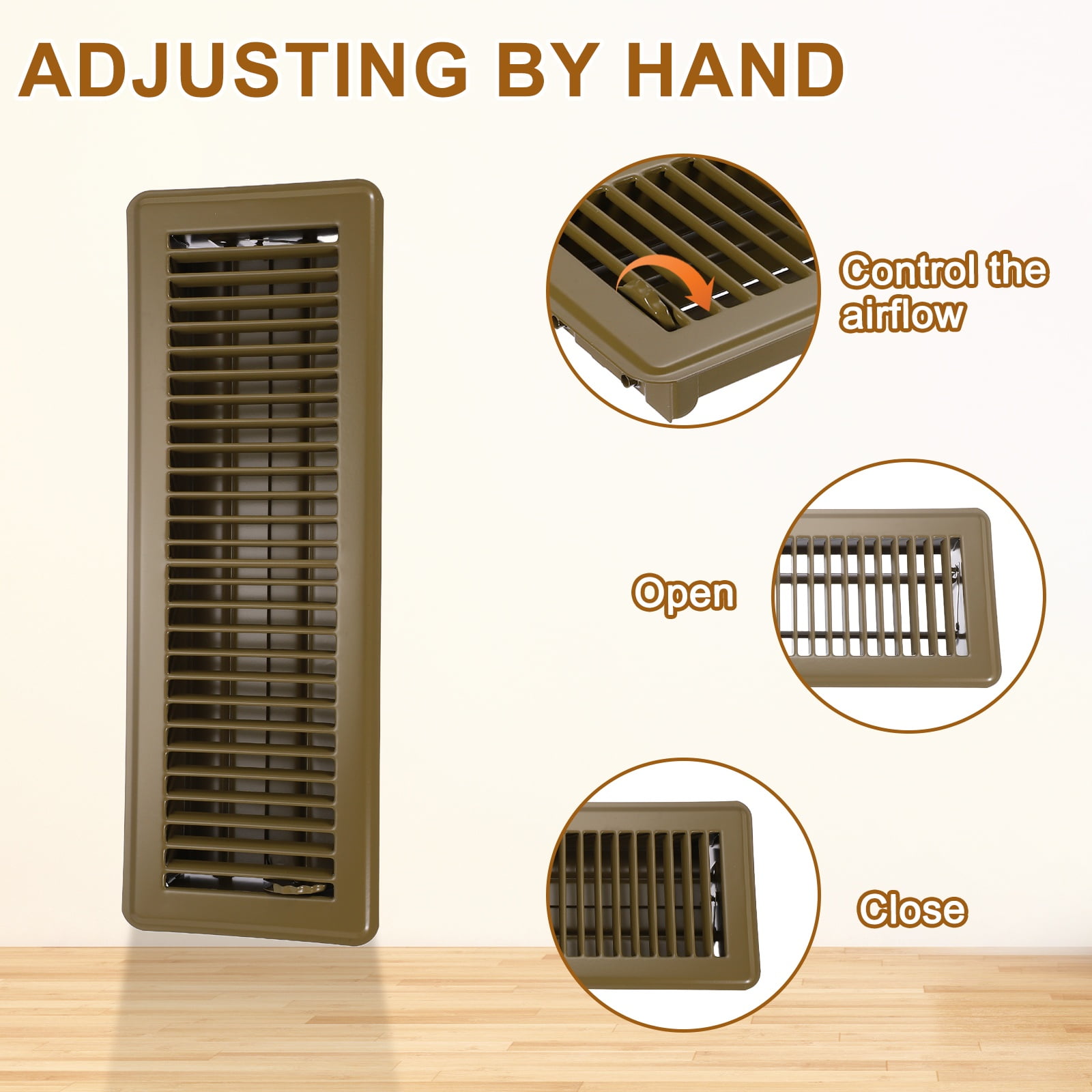 4x14 Inch Floor Vent Covers, Floor Registers Metal Walkable Air Vent Covers Easy Adjustable Air Supply Lever, Brown 6 Pcs