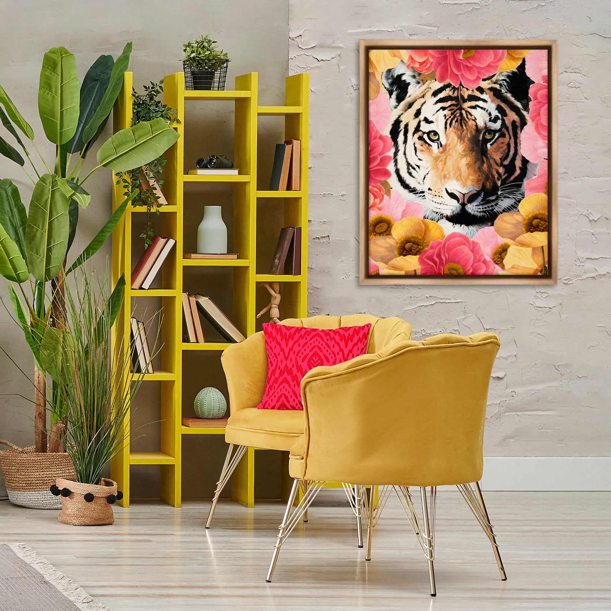 Stupell Industries Tiger on Dahlia Florals Animals Painting Brown Floater Framed Canvas Art Print Wall Art, 25 x 31