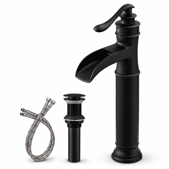 Black Single Hole Tall Vessel Sink Faucet Waterfall Bathroom Vanity Mixer Tap with Pop Up Drain