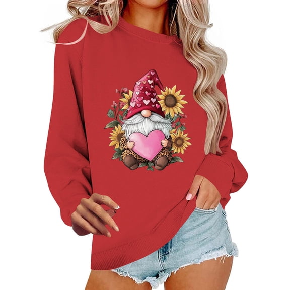Women Valentines Day Gnome Sweatshirt Sunflower Graphic Pullover Long Sleeve Crew Neck Tops Heart Print Casual Holiday Shirts