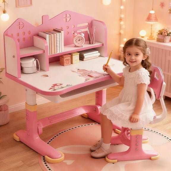 YNCE Children Adjustable Desk and Chair Set, Study Table for Kids, Home School Writing Desk with Drawers and Storage Compartments, Reading/Learning/Writing for Girls