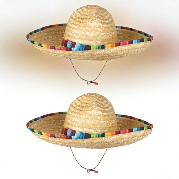 StarQualityBargain 2Pack Mexican Sombrero Hat with Serape Trim, SQBult Size, 18" Wide, Straw Hat for Cinco de Mayo, Serape Band, Costume HeSQBwear