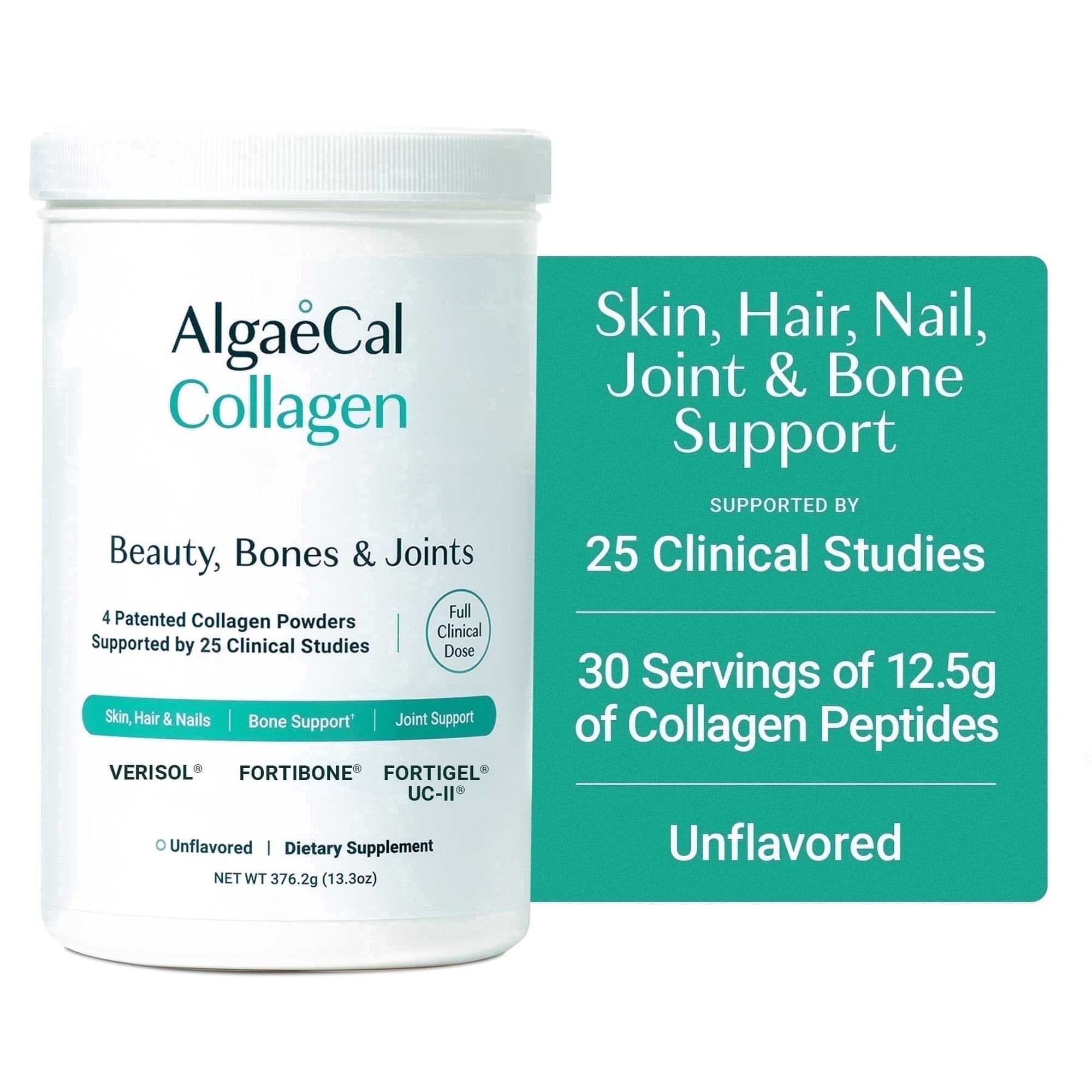 AlgaeCal Collagen - Clinically-Supported Collagen For Skin, Hair, Nails, Joints, & Bones. VERISOL®, FORTIBONE®, UC-II®, & FORTIGEL®, Multi Peptides, 30 Servings
