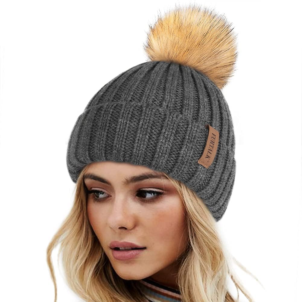 womens grey beanie with pom pom