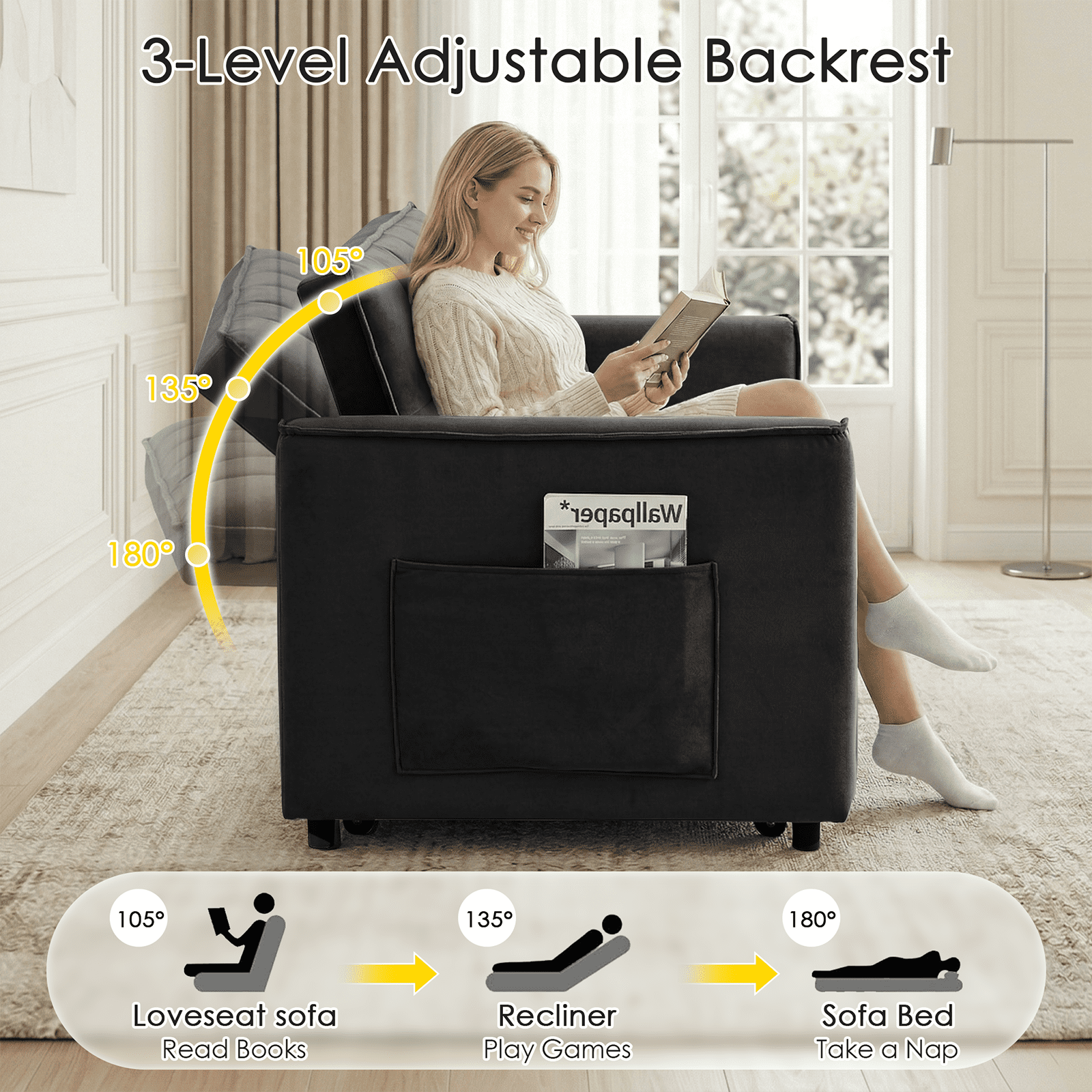 Amuille 3 in 1 Convertible Sleeper Sofa Bed, 54" Velvet Fabric Loveseat, Pull Out Couch for Living Room and Apartment (Black)