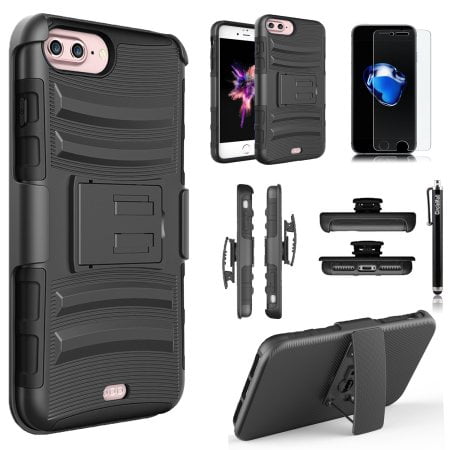 iPhone 7 Plus Case, Dual Layers [Combo Holster] Case And Built-In Kickstand Bundled with [Premium Screen Protector] Hybird Shockproof And Circlemalls Stylus Pen