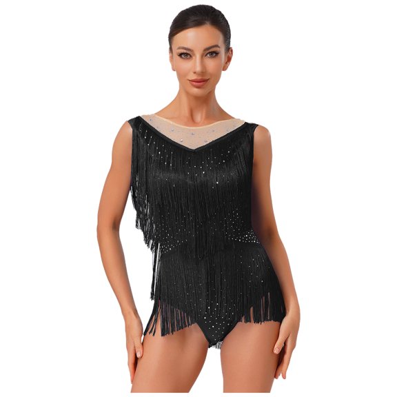 Xnihocha Women's Rumba Samba Latin Jazz Dance Leotard Sleeveless Fringe Shiny Bodysuit Ballroom Black XL