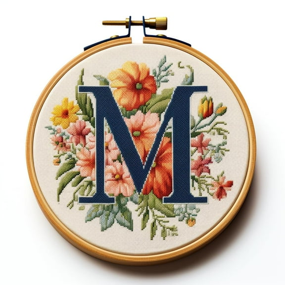 Letter M in Flowers Stamped Cross Stitch Kits for Beginners Easy with Hoop 11CT Needlepoint Embroidery Counted Cross Stitch Kits Art Craft Wall Decoration 35x35cm(1)