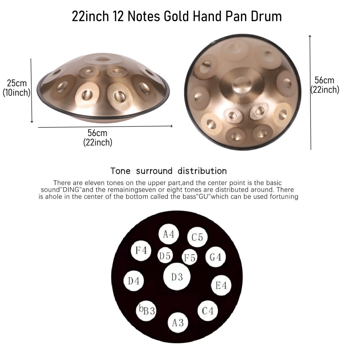 Latourreg 440HZ 12Tones Golden Handpan Drum 22inch D Minor Steel Tongue Drum with Soft Bag