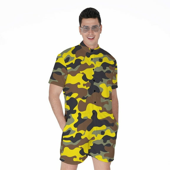 Yellow Brown And Black Camouflage Short Sleeve Men'S Rompers, Camo Camouflage Casual Summer Jumpsuits Outfit