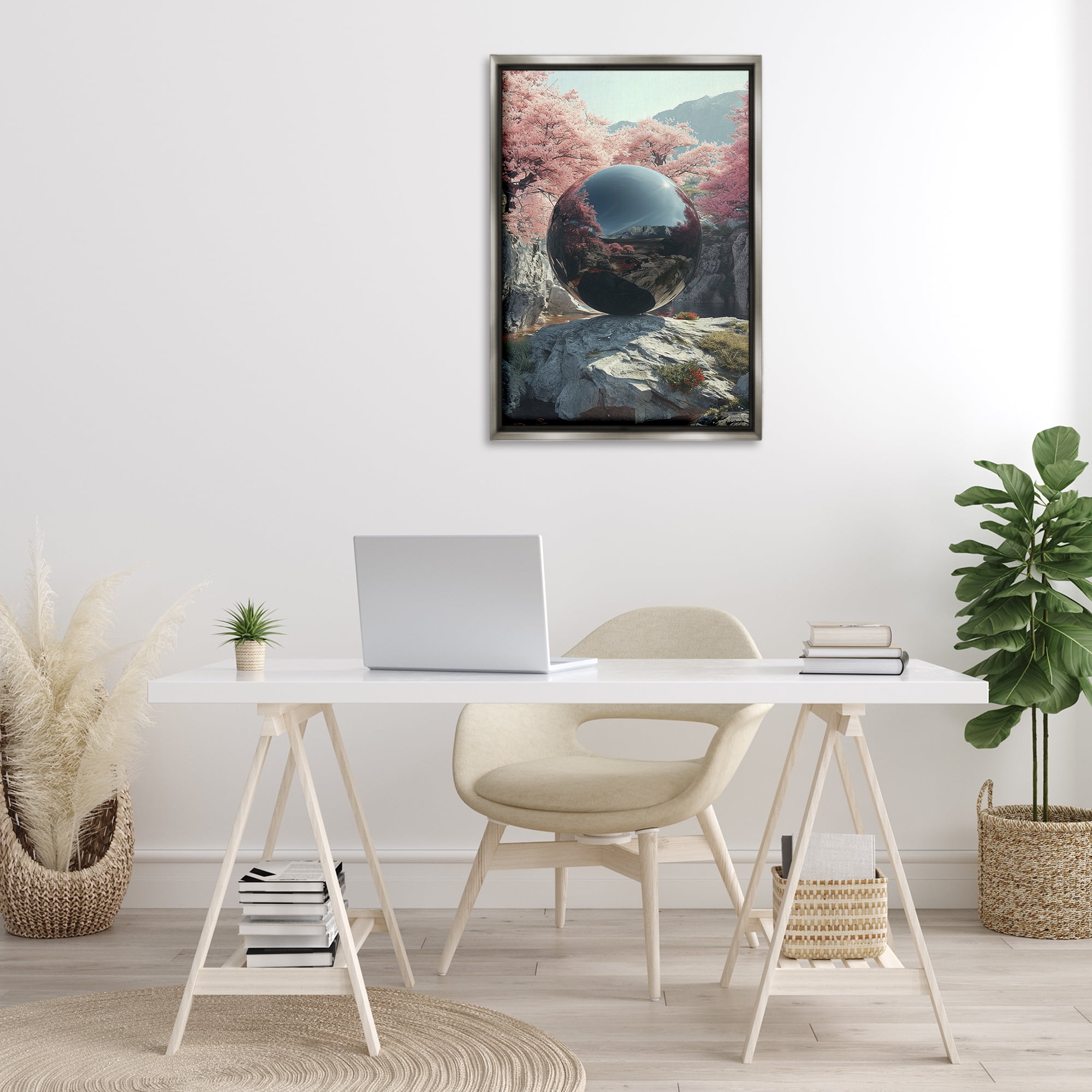 Stupell Industries Surreal Reflective Ball Landscape Painting Gray Floater Framed Art Print Wall Art, 21 x 31