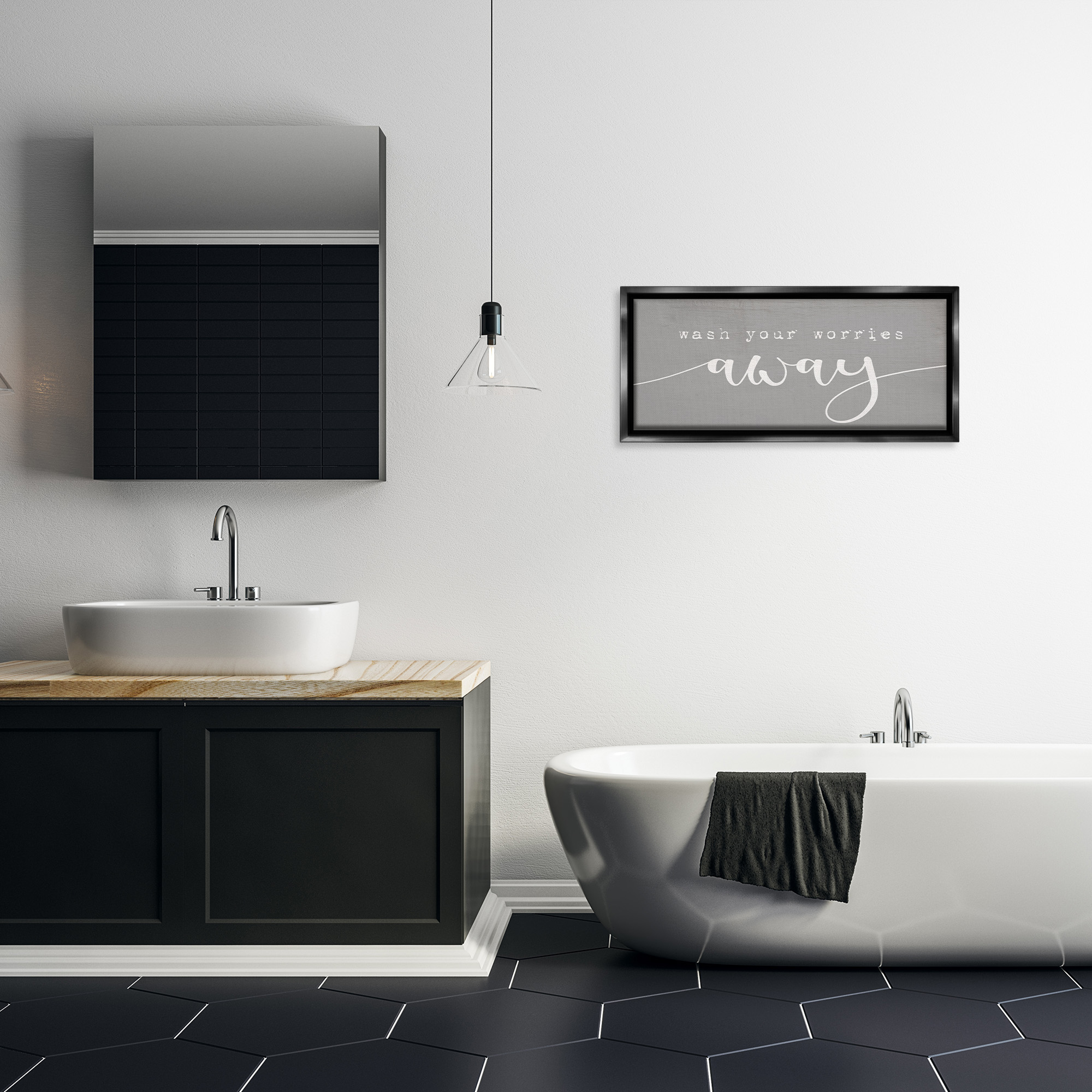 Stupell Industries Wash Your Worries Away Phrase Typography Painting Black Floater Framed Canvas Art Print Wall Art, 31 x 14