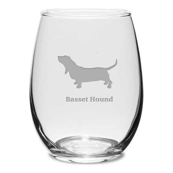 Basset Hound Deep Etched 15 oz Stemless White Wine Glass