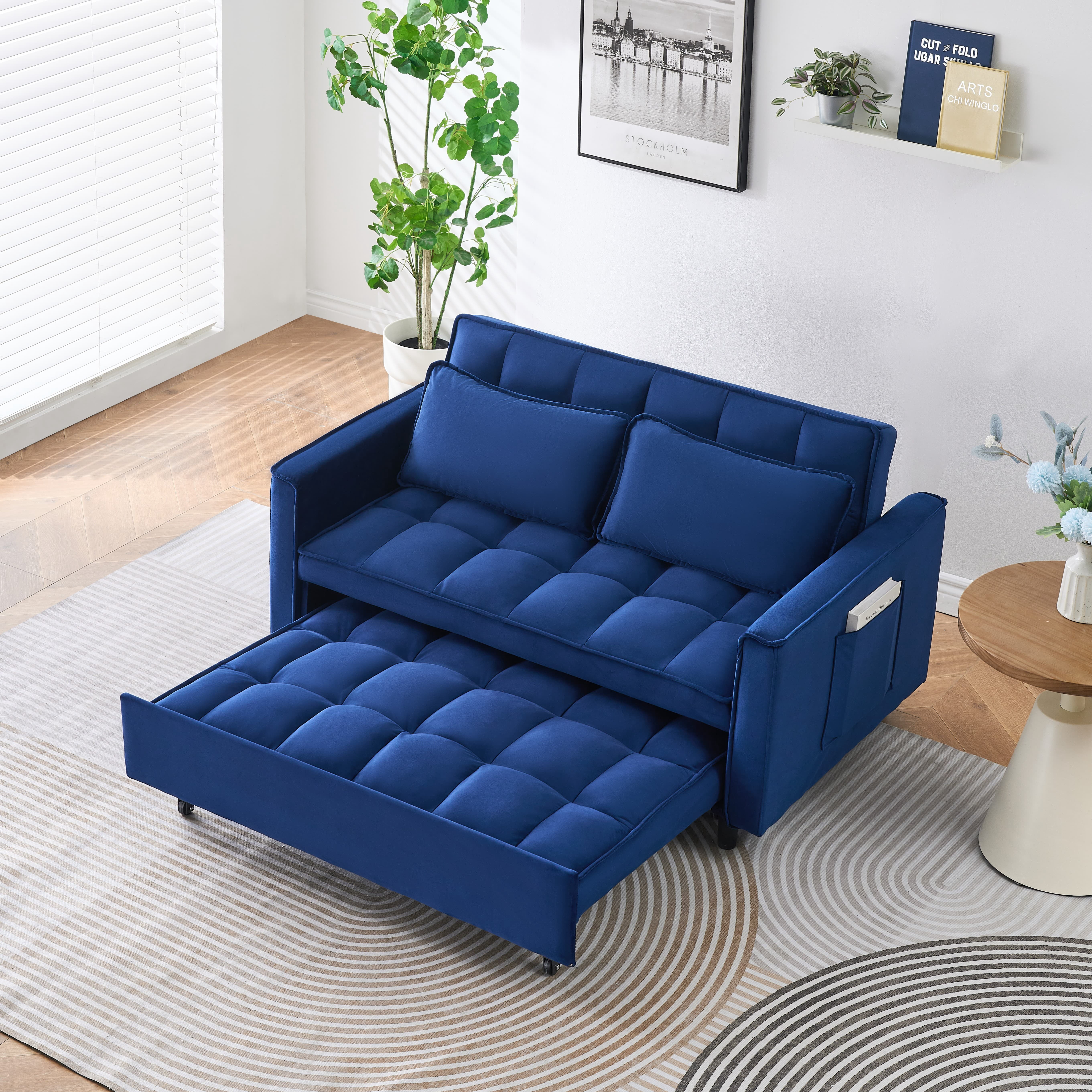 MAYEERTY 3 In 1 Convertible Sleep Sofa Bed, Pull Out Velvet Sleeper Sofa Small Loveseat, for Apartment, Living Room, Small Space, Blue
