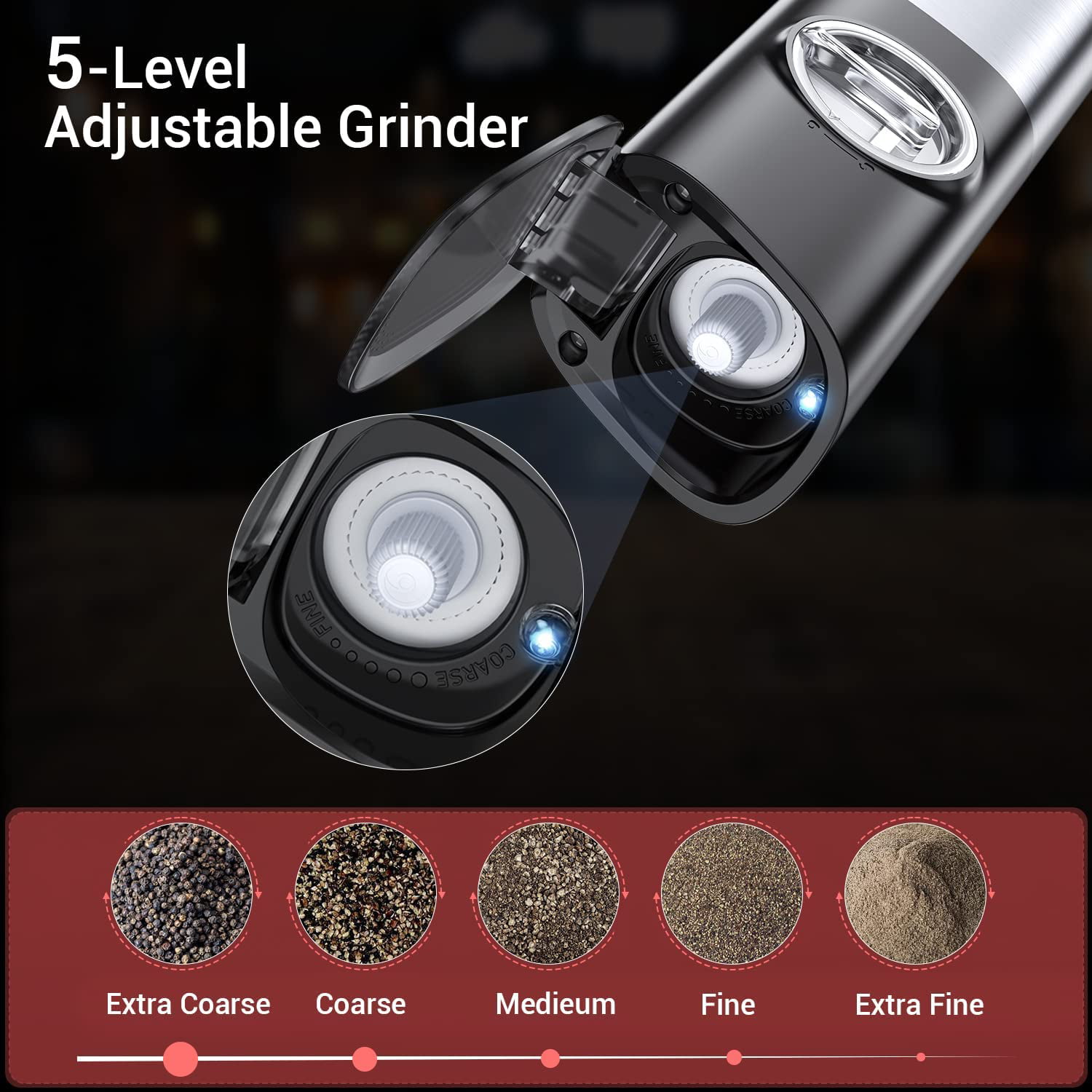 Electric Salt and Pepper Grinder Set, Automatic Pepper Grinder with  Charging Base, LED Light, Adjustable Coarseness-2 Pack 