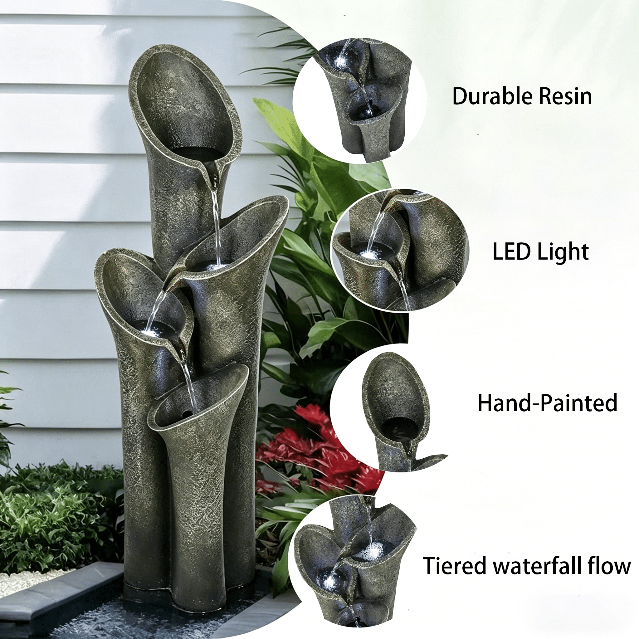 Fountains 33.5" 4-Tier Cascading Outdoor Patio Garden Fountain, Weather Resistant | Resin | Tiered Waterfall Fountain