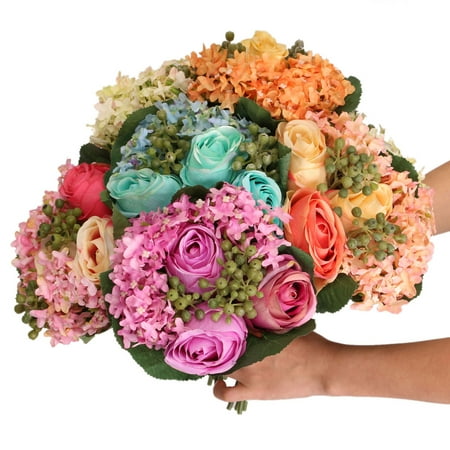 Bouquet Rose Hydrangea 1 Bouquet Artificial decoration Rose Silk Hydrangea Flowers Bridal Home Party Wedding Decor ()