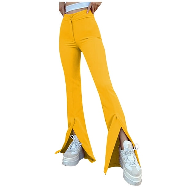 Women's Split Front High Waist Stretchy Elegant Flare Long Pants Solid  Skinny Fashion Lounge Pants Trousers 