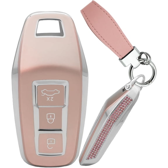 Key Fob Cover Compatible with Fit for Audi A5 A6 A6L Q6 Q6L RS6 SQ6 S6 E-Tron 2025, Soft TPU Leather Keychain Case Holder Protector,Pink -Keyring 1